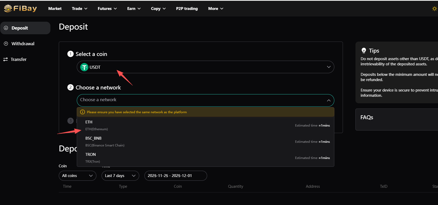 如何在 Fibay 上存入加密货币 - 网页指南 图片 1