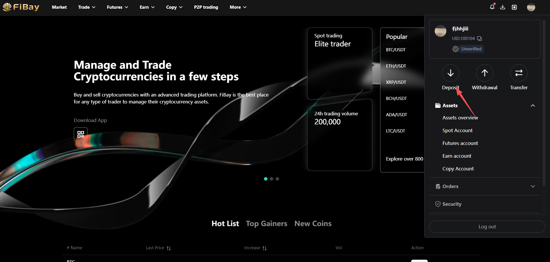 如何在 Fibay 上充值加密货币 - 网页指南 图片 0